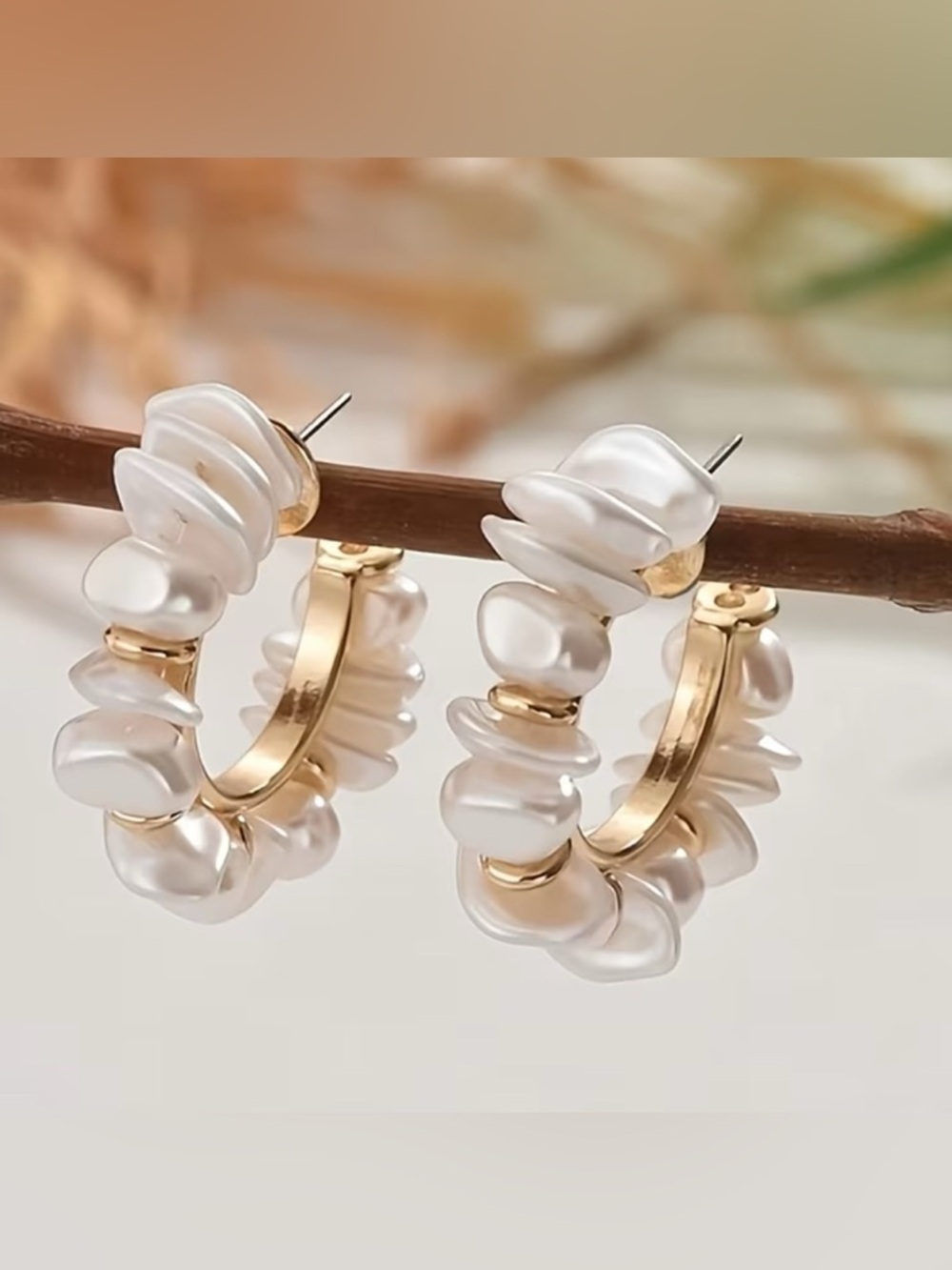 Gold Hoop Earrings with White Pearl Chip Accents - Women Jewelry